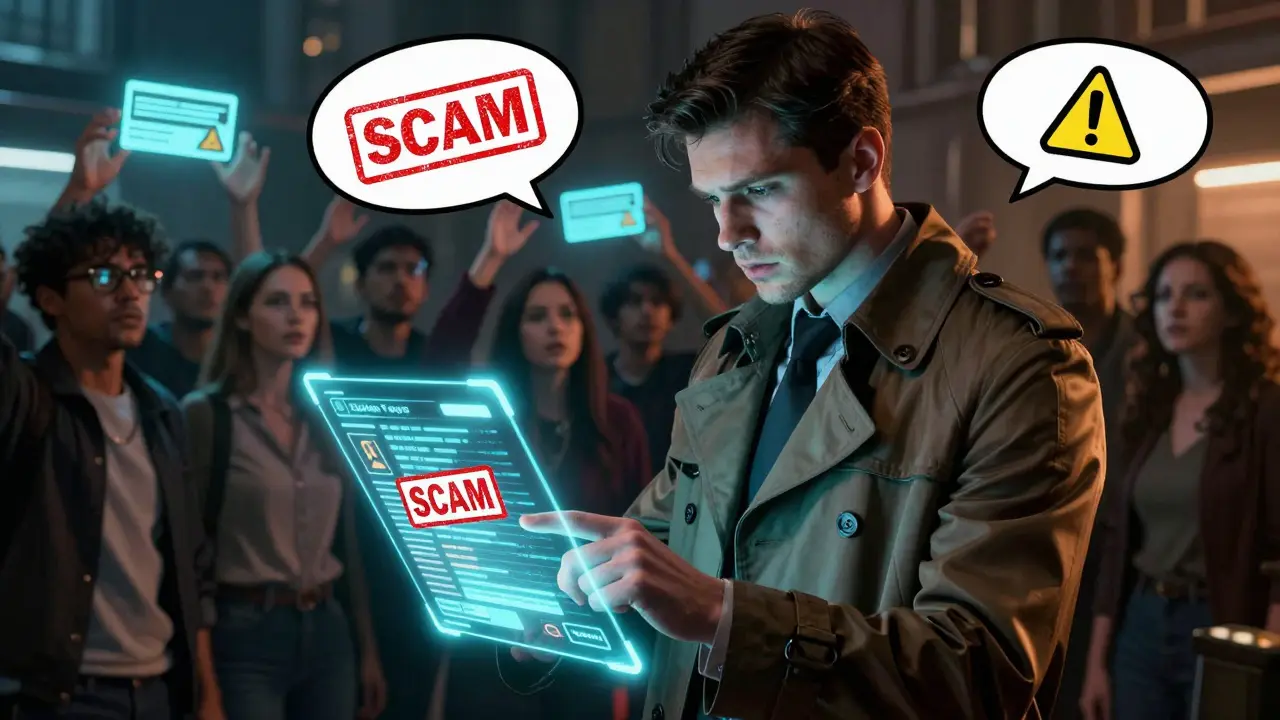 Crypto detective exposing a fake POLYS scam link on a holographic ledger while users fall for phishing attempts.