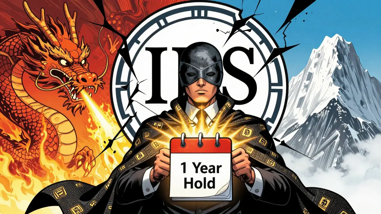 Crypto investor with blockchain cape facing IRS logo, calendar showing one-year hold glowing.