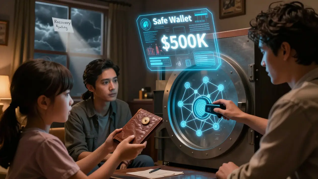 Family unlocking a blockchain vault with fingerprint and hardware wallet, holographic Safe Wallet interface glowing above.