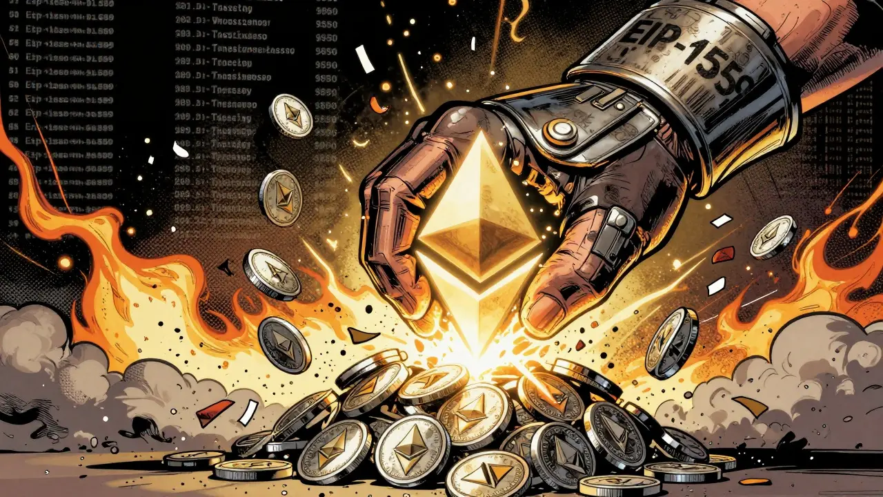 Giant digital hand crushing ETH tokens into dust above a glowing blockchain network.