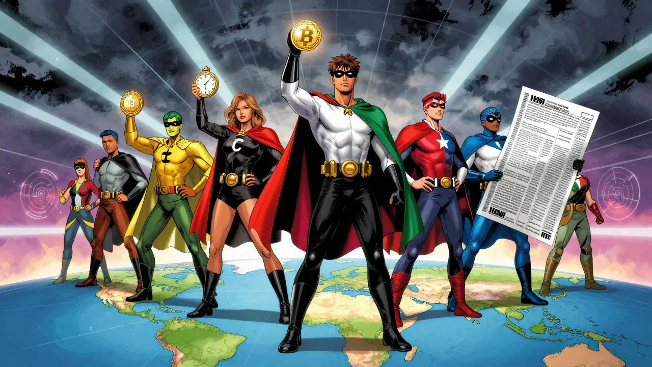 Global crypto heroes on map, each with national symbols, under DAC8 radar beams scanning the world.