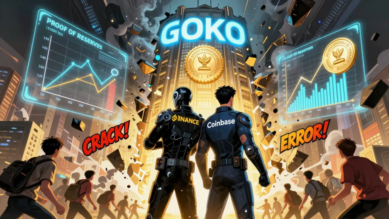 Heroic crypto exchanges shield users from a collapsing fake exchange tower dissolving into digital smoke.