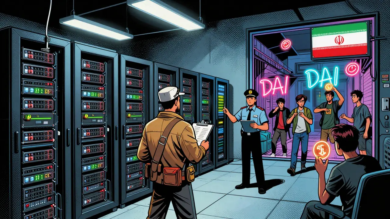 Iranian miner in state-monitored data center, tax meter rising, teens trading crypto in alley with glowing DAI tokens.