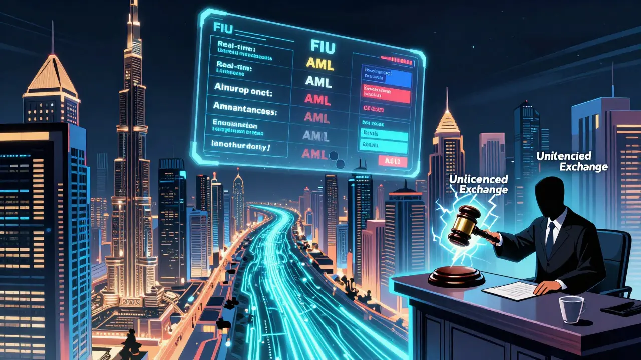 Neon-lit Dubai skyline with glowing crypto transactions and a judge striking down an unlicensed exchange.