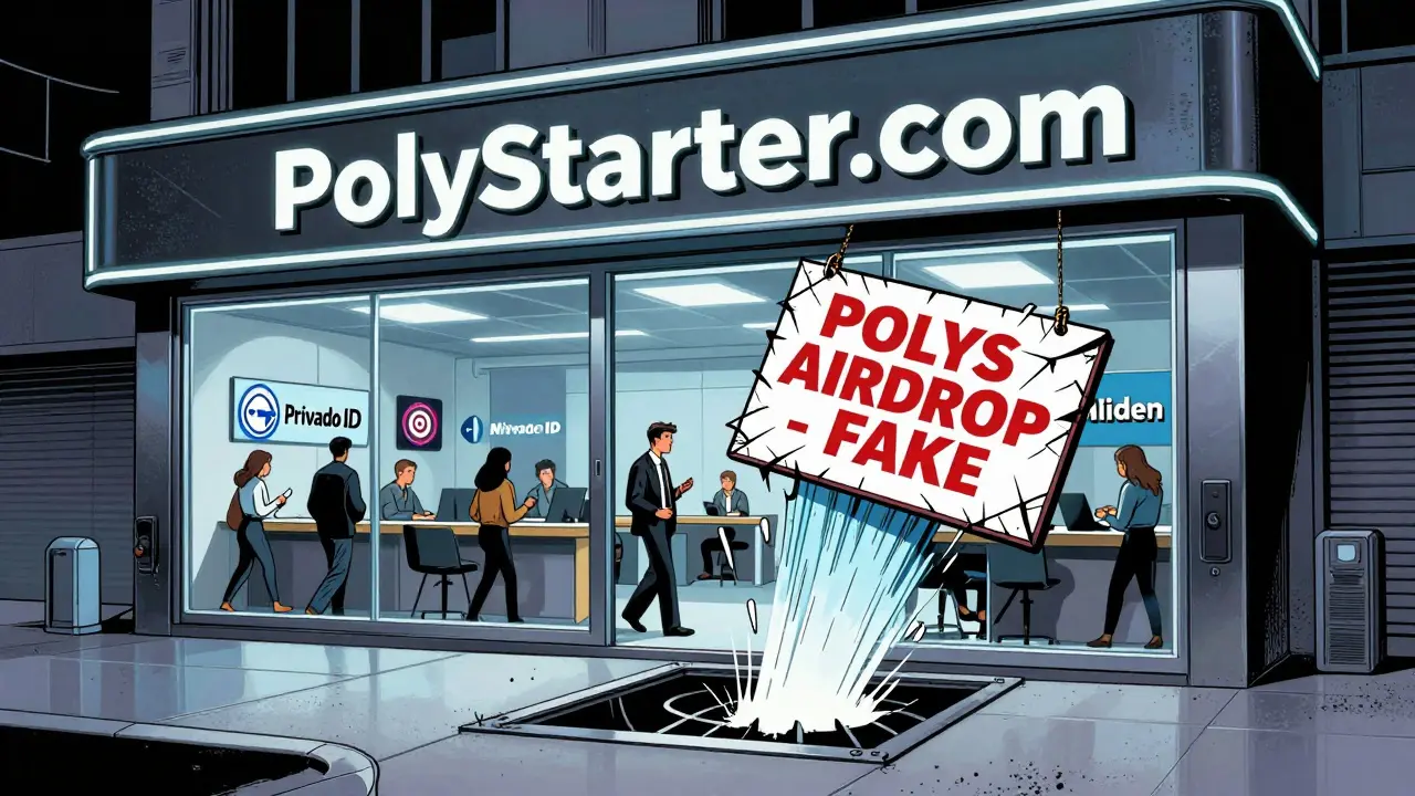 PolyStarter marketplace with legitimate project launches, but a fake POLYS airdrop sign leads to a wallet-draining trap.