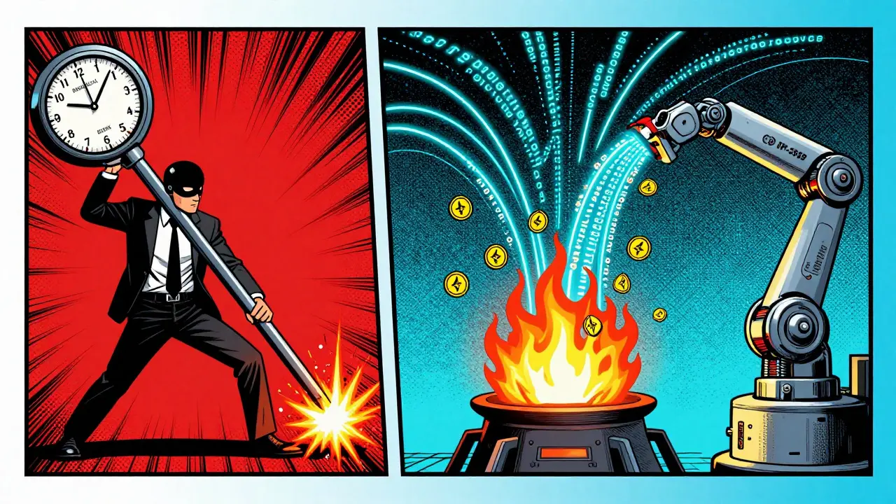 Side-by-side scenes: a CEO pulling a manual burn lever and an automated smart contract burning ETH with code streams.