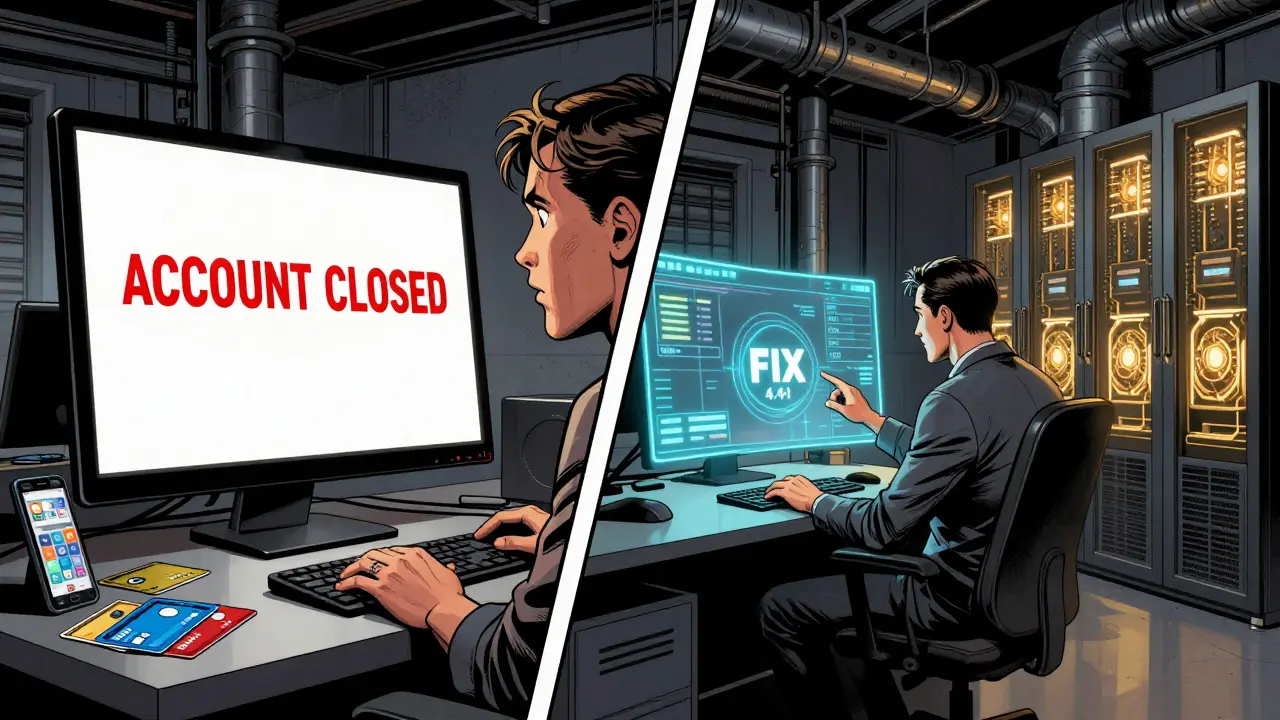Split scene: confused retail user vs. professional trader with holographic API feed in industrial office.