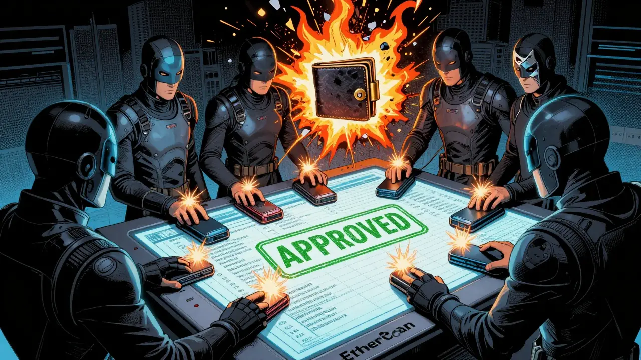 Team of crypto guardians activating a 3-of-5 signature on a blockchain console, with a single-key wallet exploding behind them.