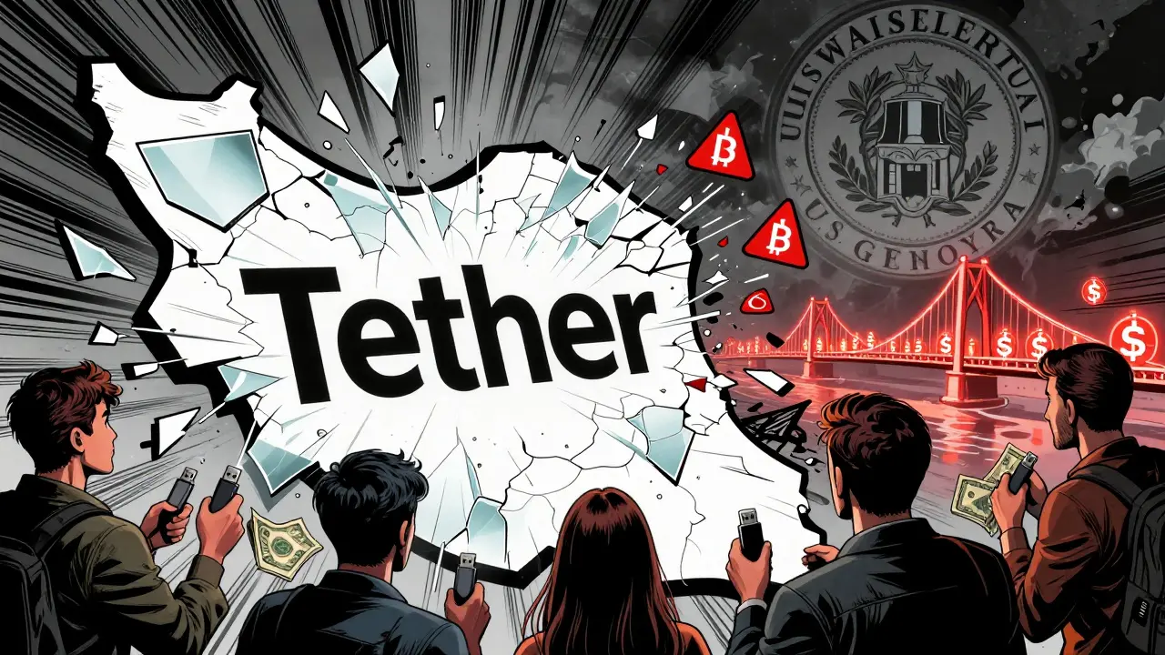 Tether logo shattering over Iran map, frozen wallets exploding, users heading toward Turkish crypto bridge.