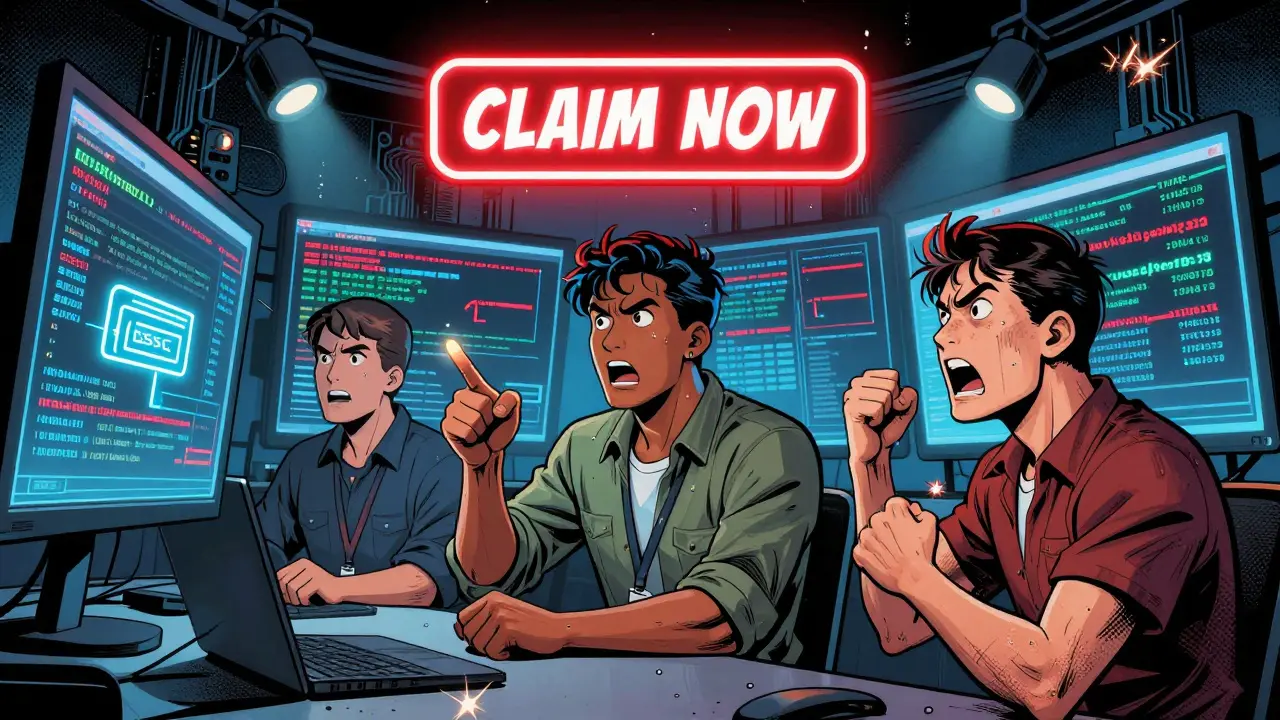 Three engineers in a command center reacting to testnet errors, with a flickering BSC network switch glowing brightly.