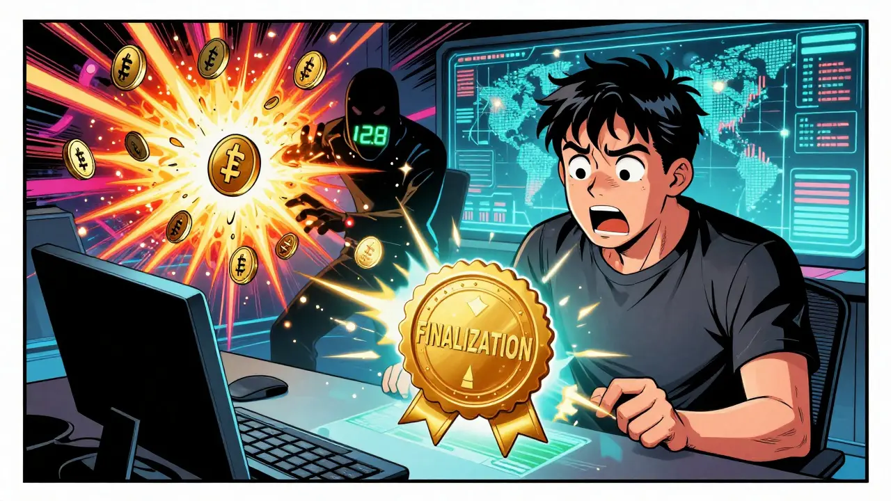 Trader celebrates transaction finality as slashing penalties destroy a hacker in cyberpunk comic art.
