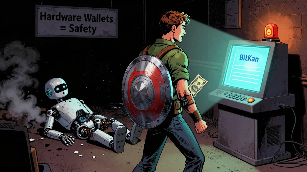 Trader walking away from a broken BitKan terminal with a  bill, warning siren flashing in the background.