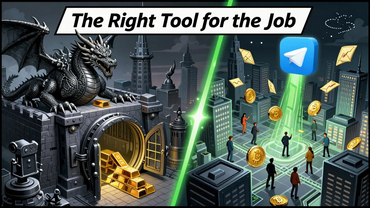 Two worlds: Bitcoin fortress vs. Litecoin city where payments fly like mail packets across borders.