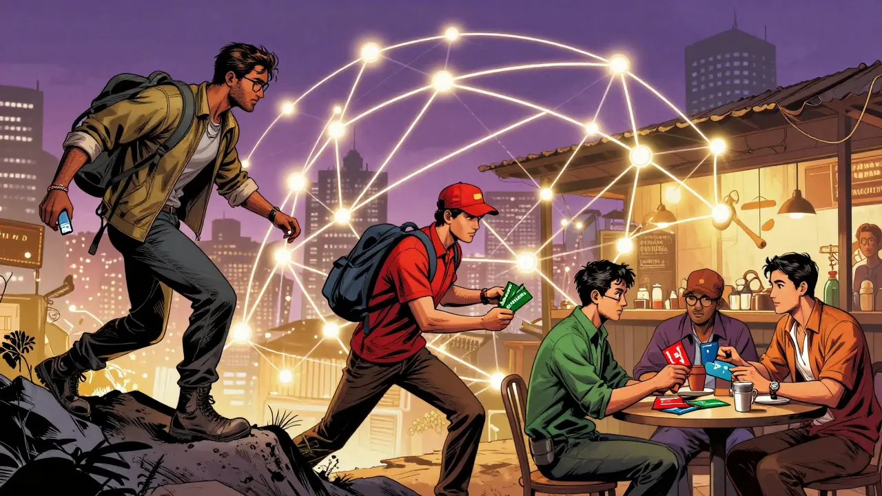 Underground crypto network across Asia linked by glowing digital threads, traders in heroic poses.