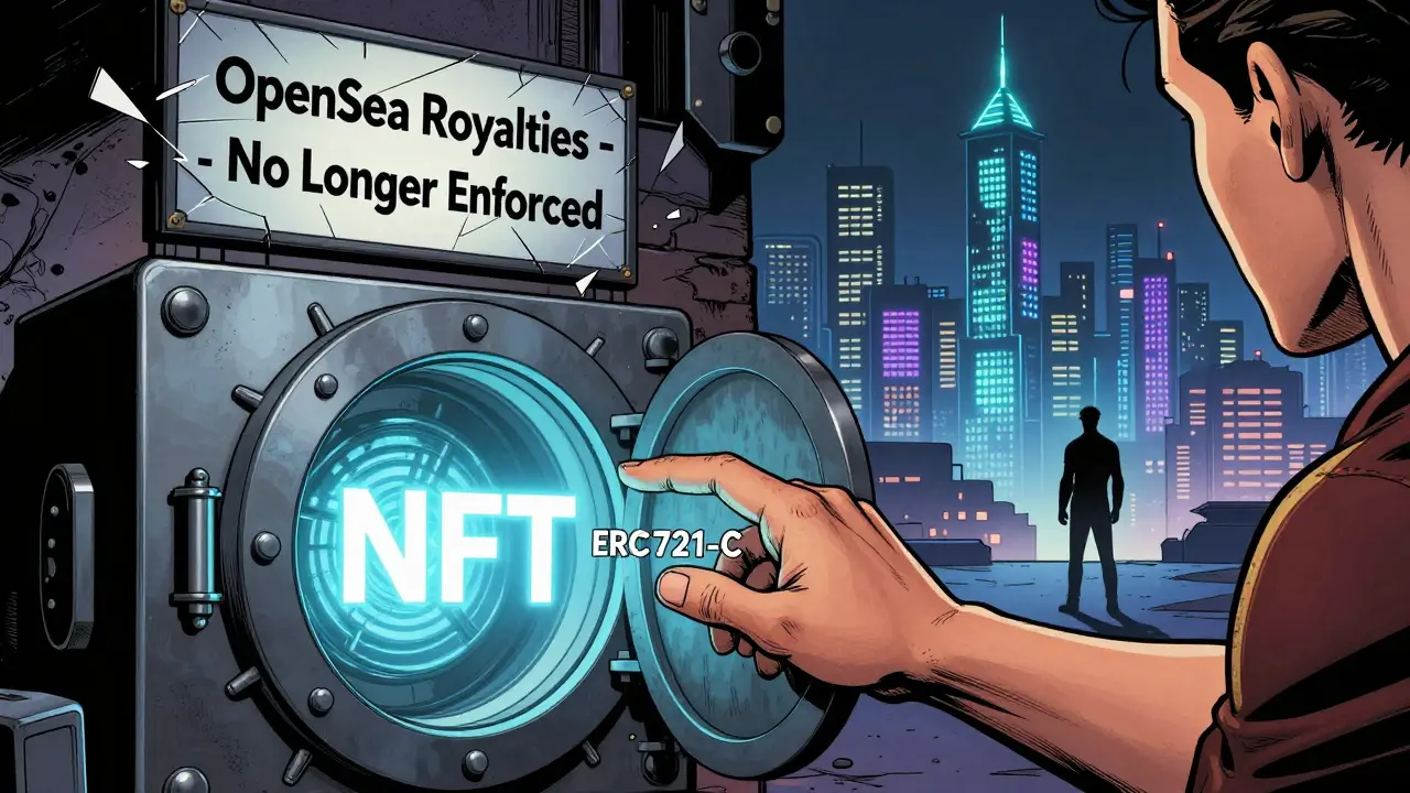 A creator locks their NFT in an ERC721-C vault as a 'No Royalties' sign shatters behind them, with alternative blockchains glowing in the distance.