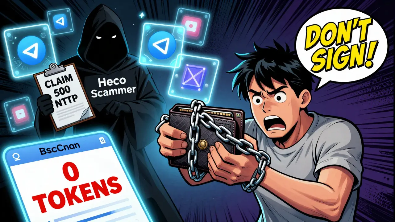 A crypto user is pulled toward a hooded scammer holding fake NFTP airdrop claims, while a BscScan page shows zero token supply.
