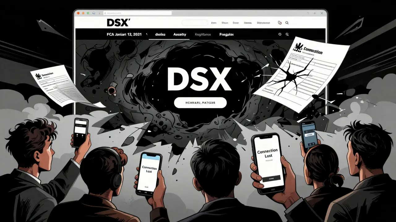 A dark portal swallowing a crypto exchange website as users panic, with a fading regulatory form blowing away.