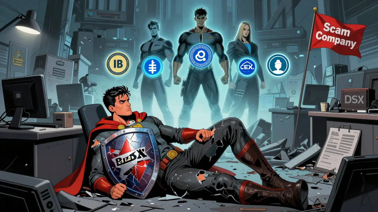 A fallen superhero exchange with a broken shield, while competitors rise in the background under a 'Scam Company' flag.