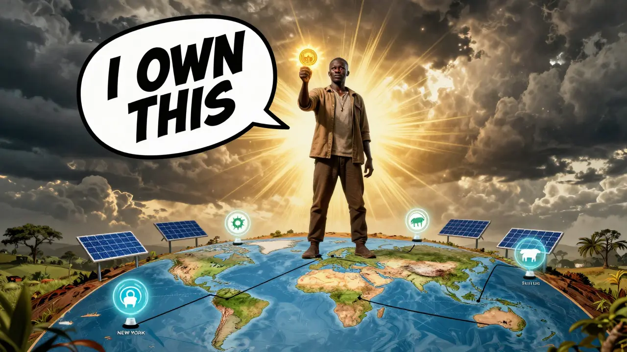 A farmer in Ghana holds a glowing digital token representing ownership of his land, with global investor connections below.