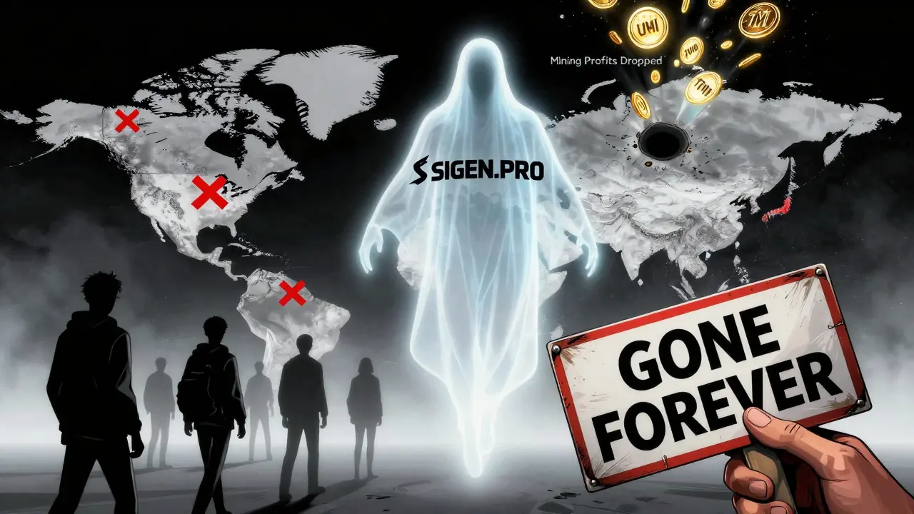 A ghostly SIGEN.PRO figure over a world map with red X marks, coins drifting into a black hole labeled 'Mining Profits Dropped'.