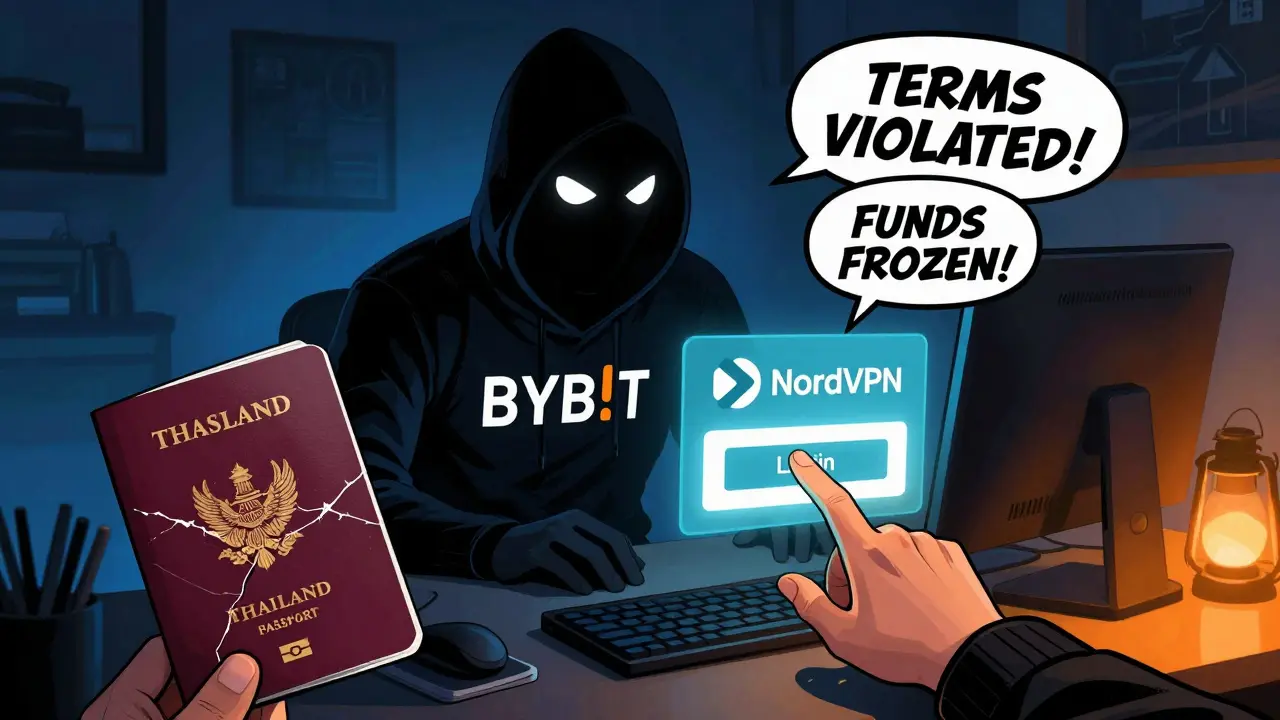 A hacker's desk with a foreign passport and VPN app, glowing warnings above as they attempt to log into Bybit.