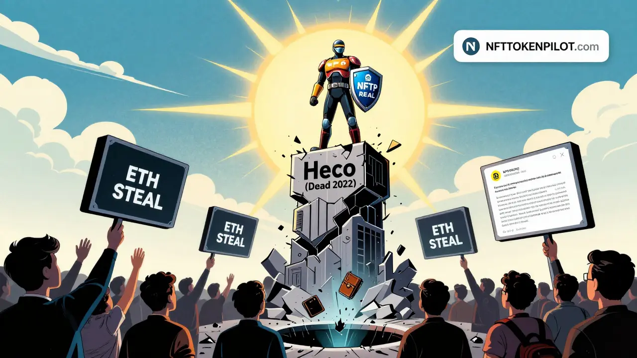 A hero stands on the ruins of Heco Chain holding the real NFTP contract shield, while others fall into a pit of stolen crypto.
