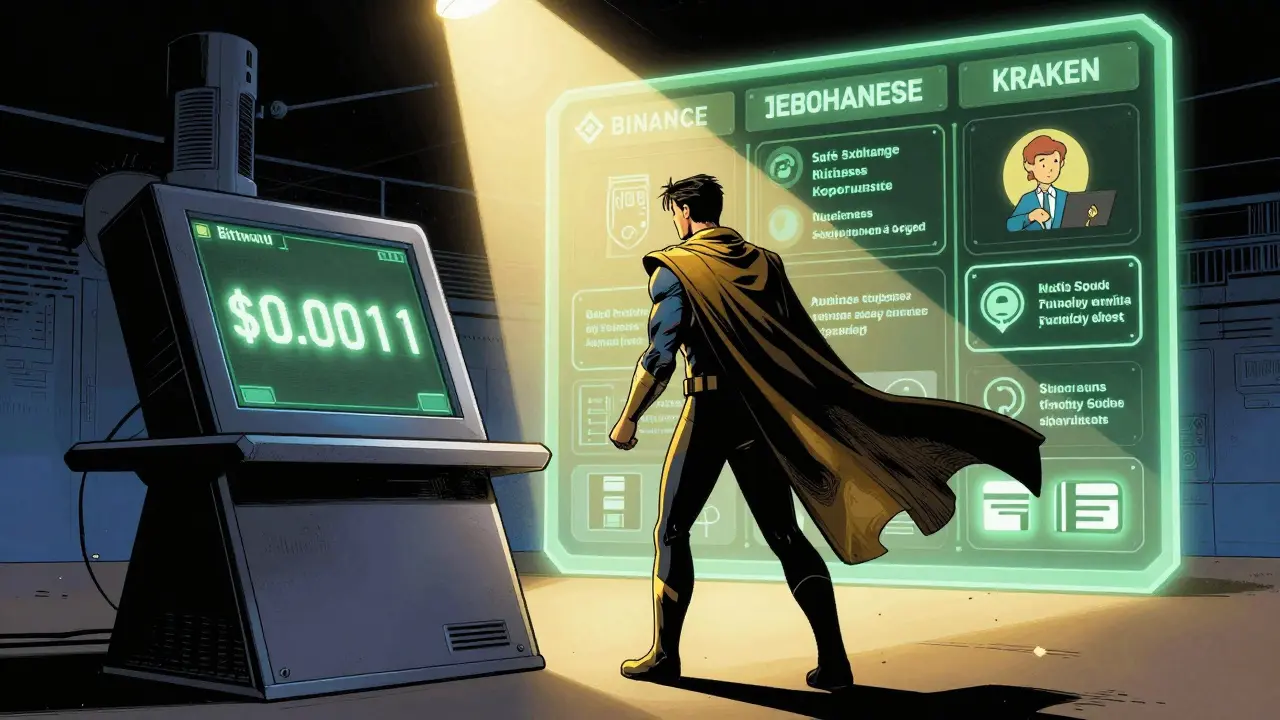 A hero walks away from a hollow Bittworld terminal toward a portal leading to trusted crypto exchanges.