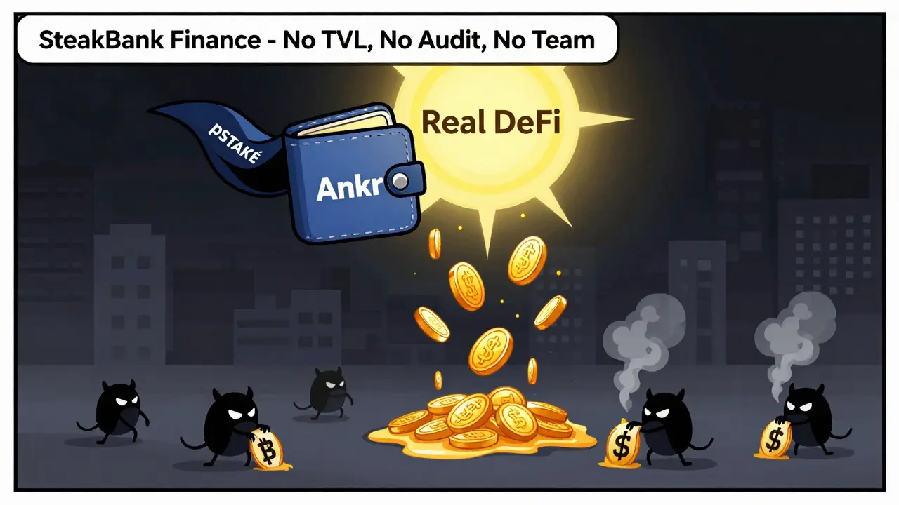 A heroic wallet flies over a dark city labeled 'SteakBank Finance' as real DeFi tokens rain down, while scam bots crawl below.
