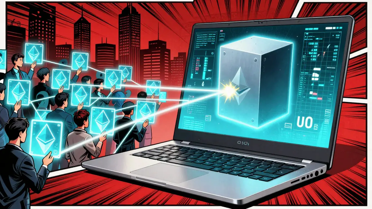 A laptop displays a shrinking Verkle Tree proof as users worldwide connect via glowing nodes in a futuristic city.