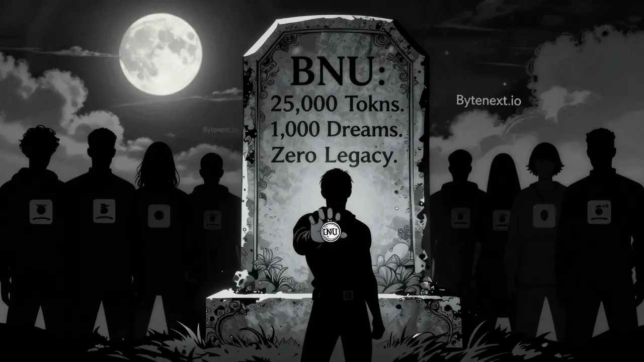 A lone figure holds a BNU token before a tombstone marked with the project's failed legacy.