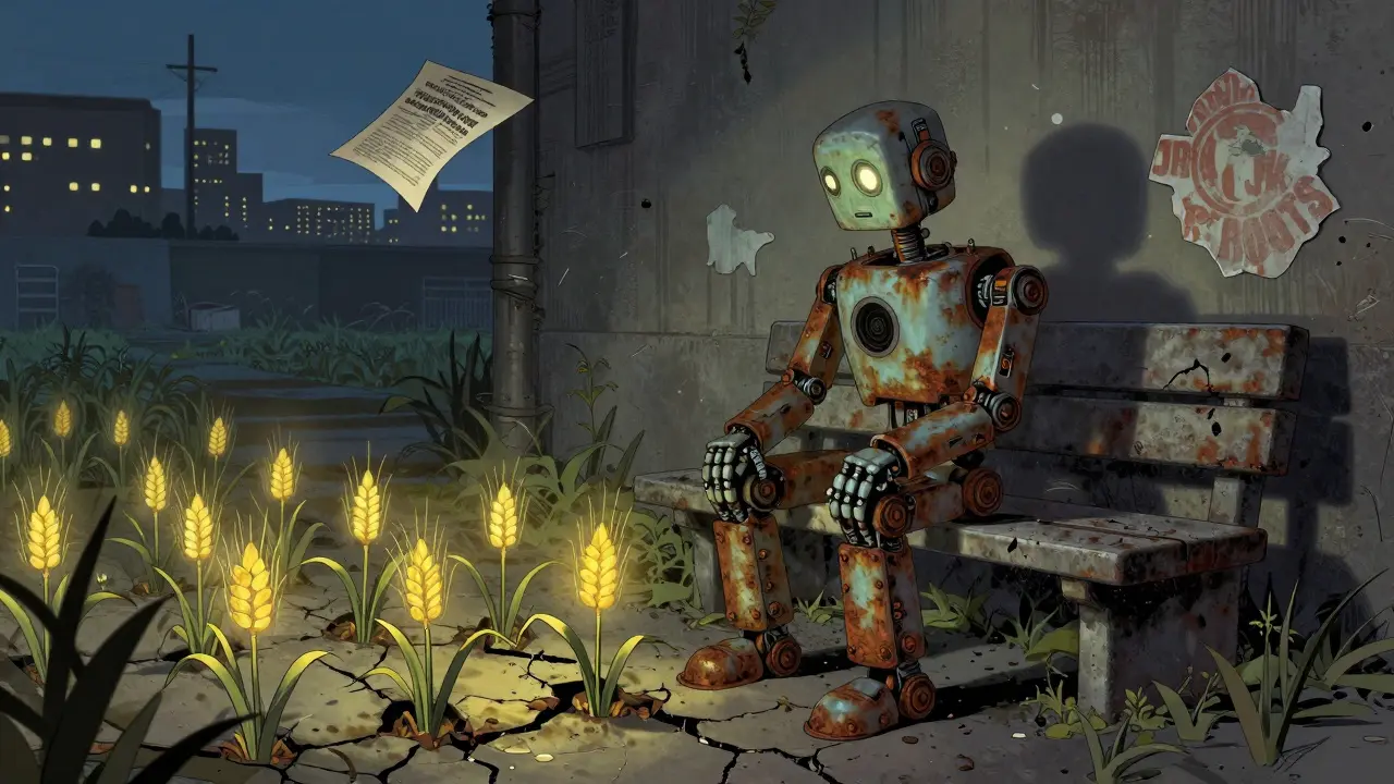 A lone robot harvests glowing METAL crops in an overgrown urban farm, city lights flicker in the distance.