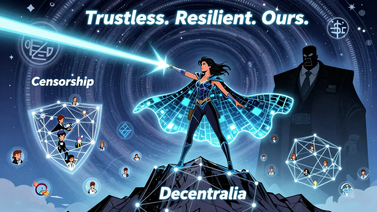 A superheroine named Decentralia deflecting a censorship laser while standing on a mountain of blockchain nodes, surrounded by users.