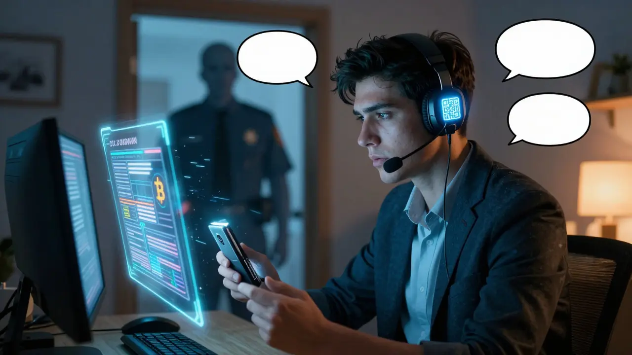 A young user manages crypto assets at home, hardware wallet in hand, while a shadowy regulator watches.