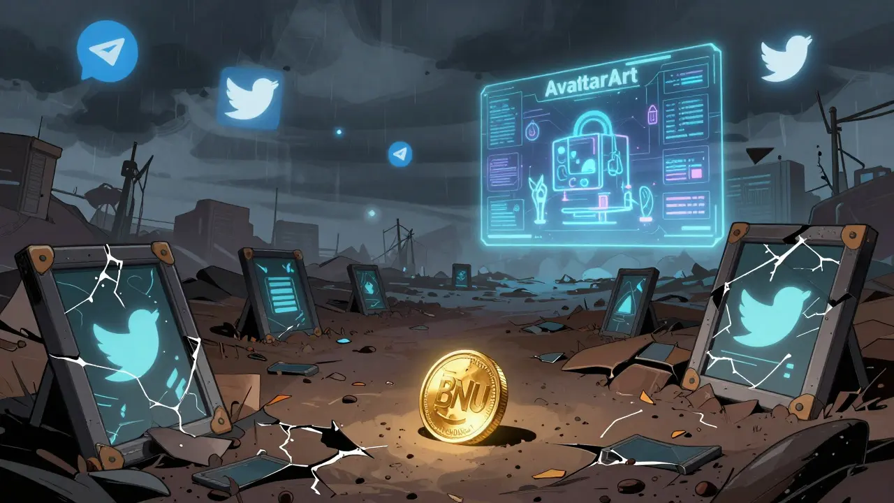 Abandoned AvatarArt NFT marketplace with a single glowing BNU token in the dirt under flickering holograms.