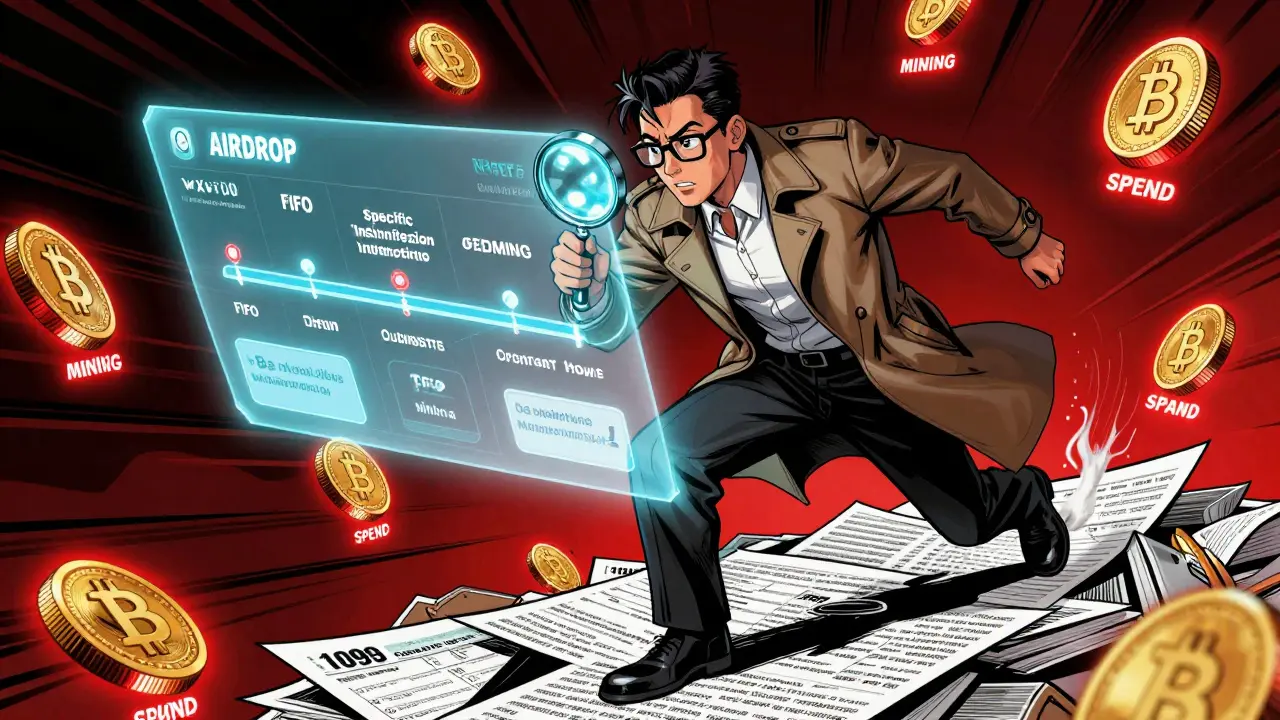 Accountant uses a magnifying glass to reveal Bitcoin transaction methods on a pile of tax forms.