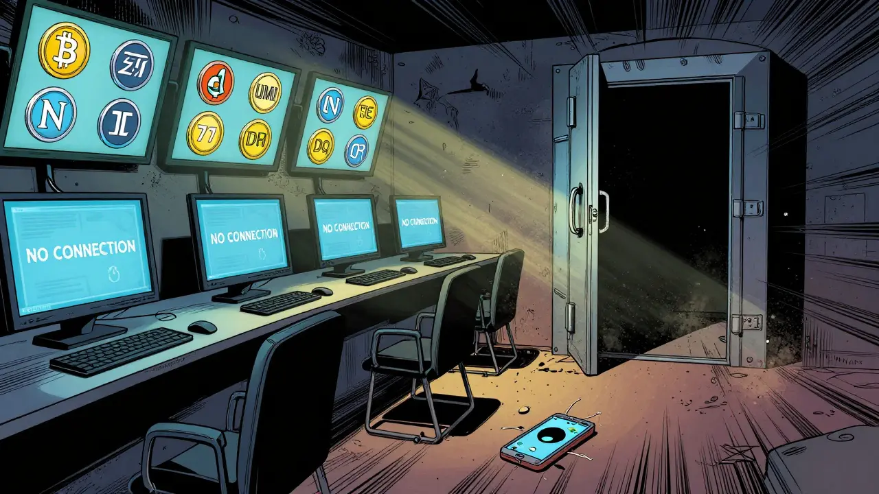 An abandoned trading floor with flickering screens of obscure coins and a cracked phone showing a dead app.