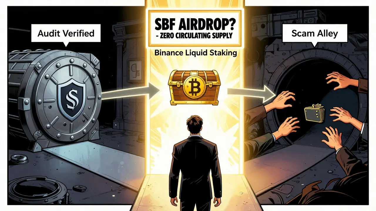 An investor chooses a safe path to verified DeFi options as a scam portal looms behind, with zero circulating supply highlighted.