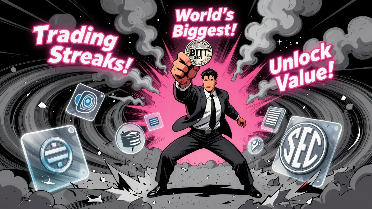 An investor holds a tiny BITT token as empty promises dissolve into smoke, with shattered security icons on the ground.