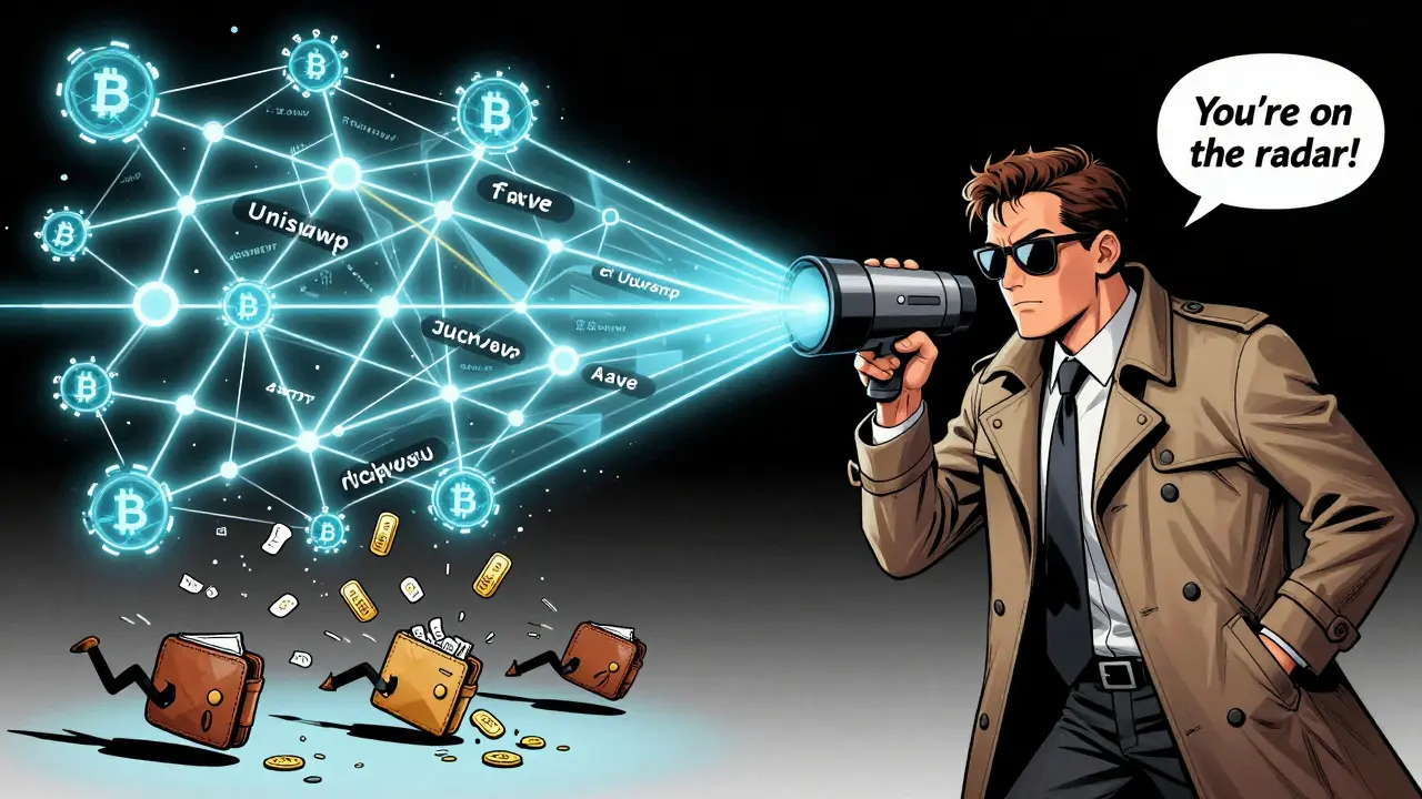 An IRS agent scans a DeFi network with a blockchain scanner, tracing transactions between crypto platforms.