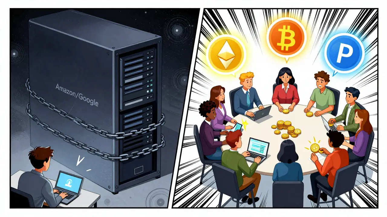 Contrasting scenes: one showing a person dependent on a dominating server, the other showing users freely exchanging data in a peer-to-peer circle.