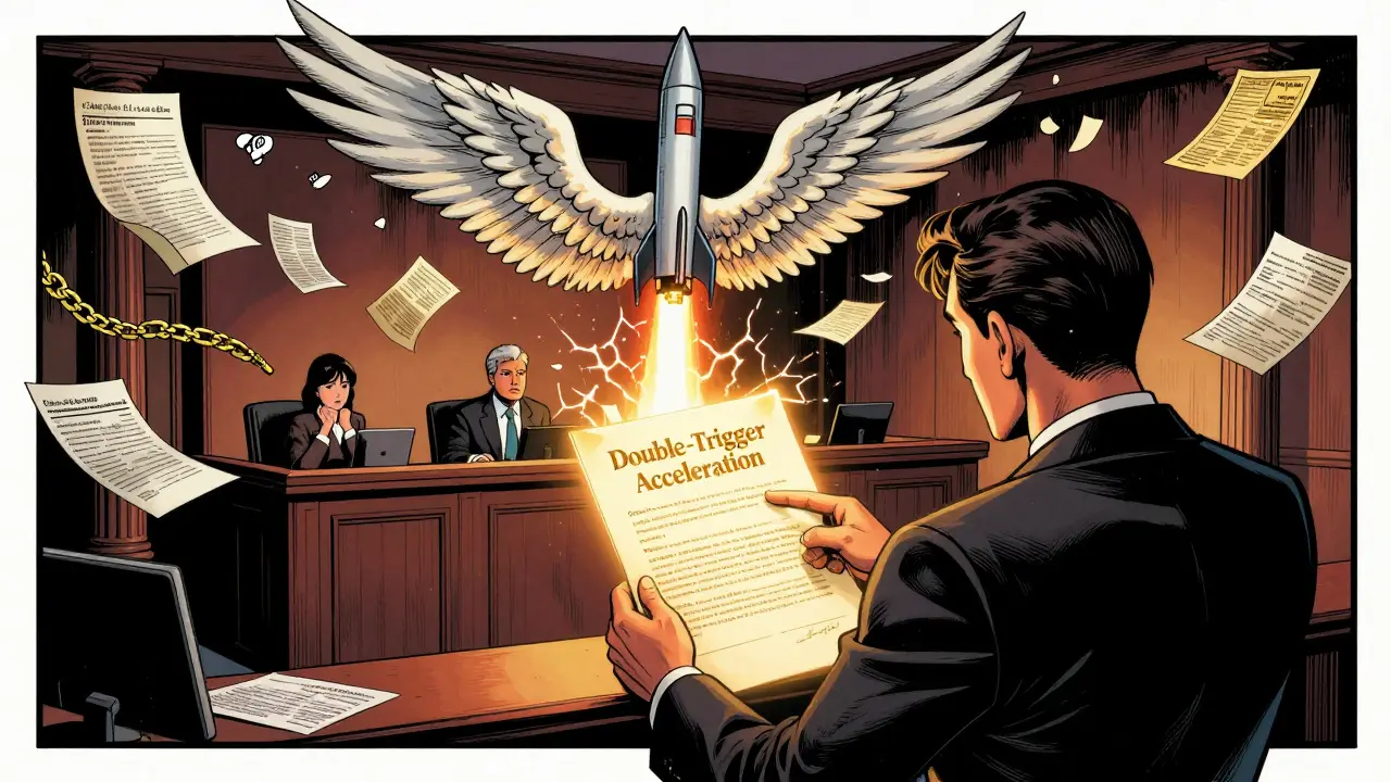 Courtroom scene with double-trigger acceleration glowing as shares transform into wings.