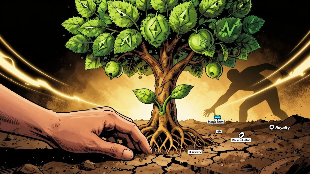 Creator's royalty seed growing into a tree of NFTs, with platforms supporting or sabotaging its roots.