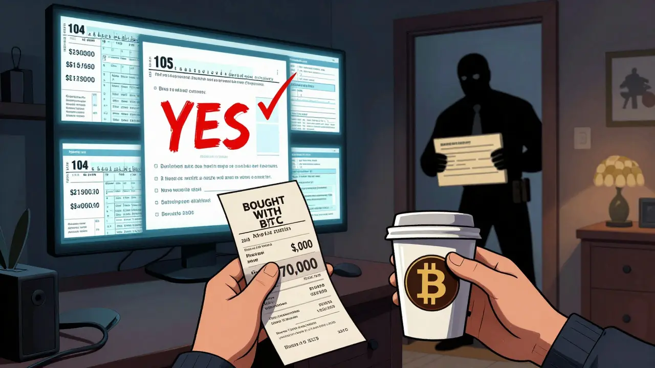 Crypto holder stares at IRS form with 'YES' checked, surrounded by wallet screens and a 2018 purchase receipt.