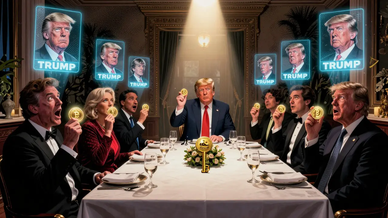 Exclusive Trump Dinner with 220 crypto holders, each holding glowing TRUMP tokens, Trump at the head of the table with a golden key.