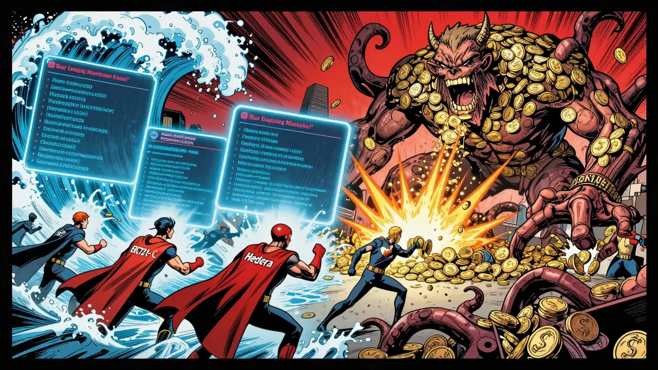 Heroes block rogue marketplaces with coded force fields while a 'Wrapping Monster' swallows coins in an epic comic battle.