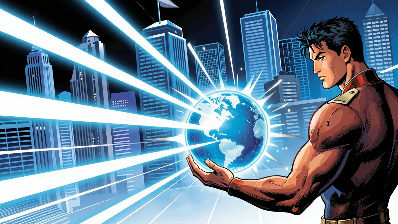 Heroic figure connecting global cities with glowing bridges for cross-border transactions.