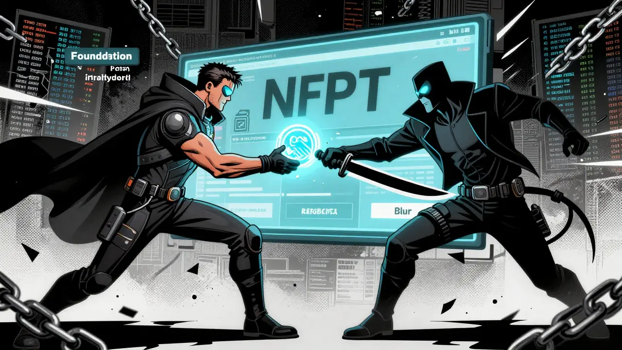 Heroic marketplace enforcing royalties vs. villainous platform slashing payments in a comic book battle.