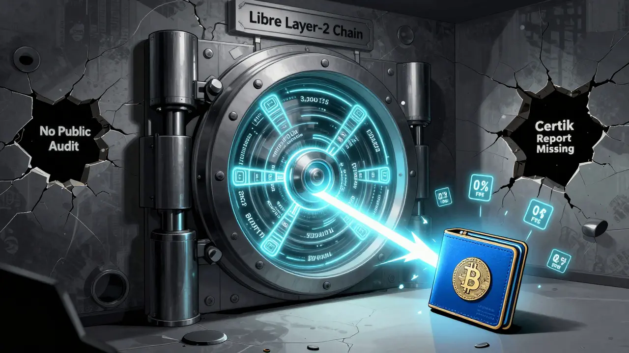 Hidden Libre vault with ring signatures and stealth addresses, but cracked walls reveal 'No Public Audit' warnings.