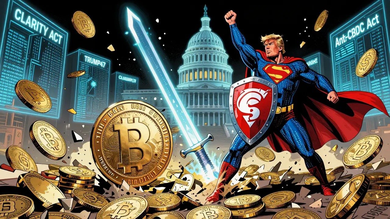 Official TRUMP coin defeating fake tokens in a digital battle, Trump in a blockchain cape, Solana sword, U.S. Capitol in background.