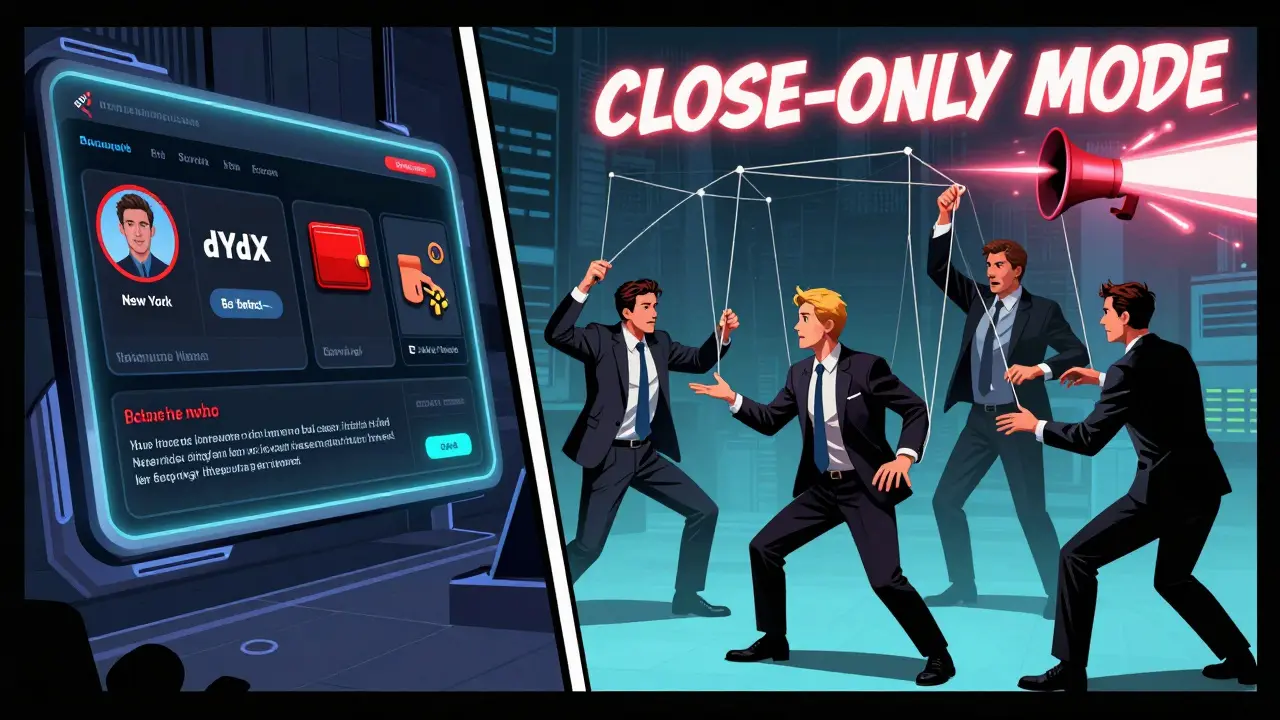 Split scene: a flagged trading interface on one side, corporate puppeteers controlling blockchain on the other.